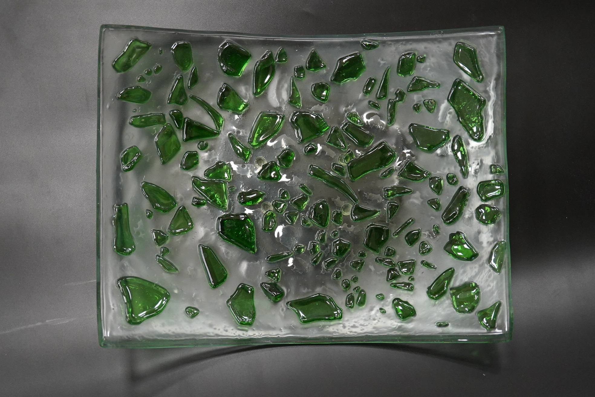 A Mary Canny art glass ‘Green Jewelled platter’, 25cm x 19cm